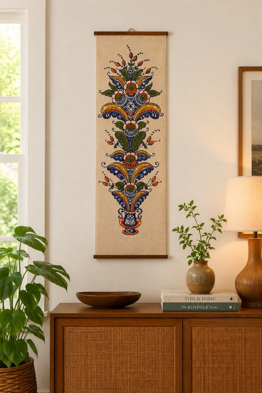 Vintage Scandinavian Folk Art Linen Wall Hanging Floral Scroll Danish Modern MCM